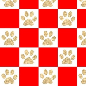 Red Gold Paw Print Checker Pattern