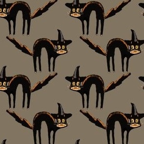 Black Cats in Witches Hats, Warm Gray Background