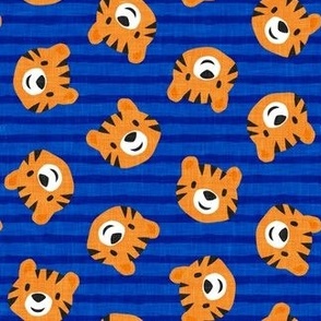 Tigers - cute tiger faces on cobalt blue stripes - LAD22