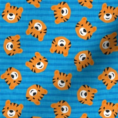 Tigers - cute tiger faces on blue stripes - LAD22