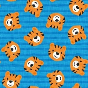 Tigers - cute tiger faces on blue stripes - LAD22