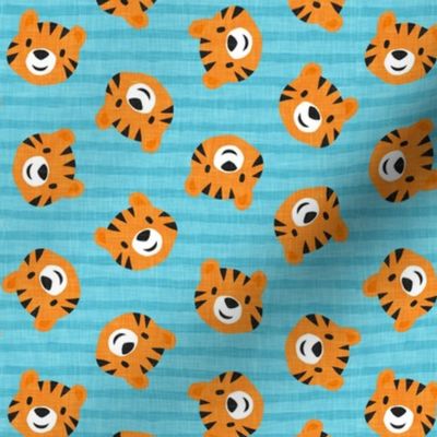 Tigers - cute tiger faces on light blue stripes - LAD22
