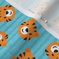 Tigers - cute tiger faces on light blue stripes - LAD22
