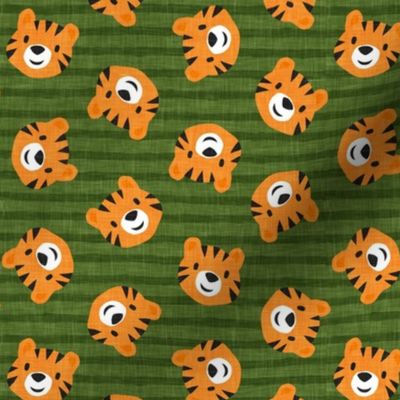 Tigers - cute tiger faces on green stripes - LAD22