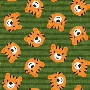 Tigers - cute tiger faces on green stripes - LAD22