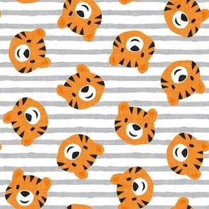 Tigers - cute tiger faces on grey stripes - LAD22