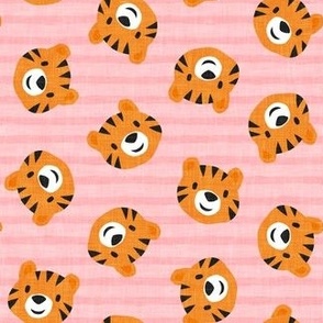 Tigers - cute tiger faces on pink stripes - LAD22