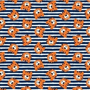 (small scale) Tigers - cute tiger faces on navy stripes - LAD22