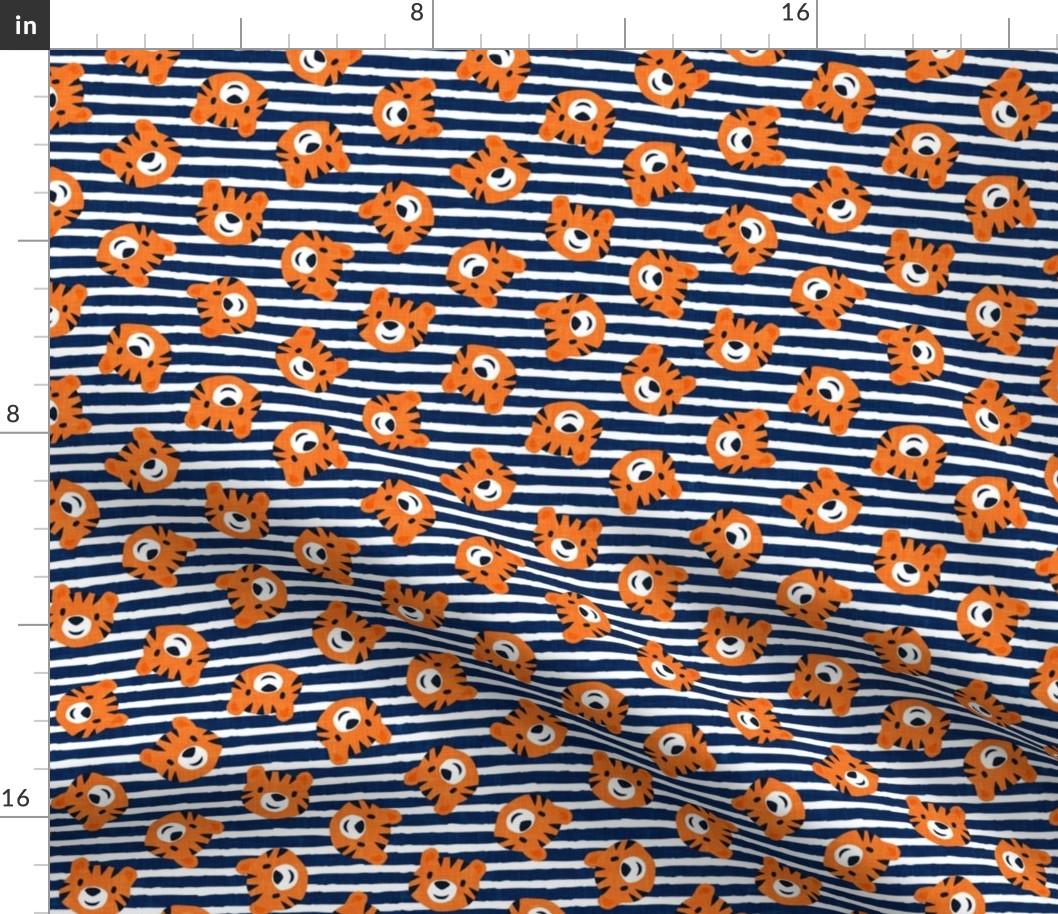 Tigers - cute tiger faces on navy stripes - LAD22