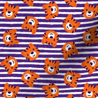 Tigers - cute tiger faces on purple stripes - LAD22