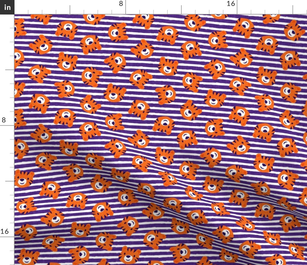 Tigers - cute tiger faces on purple stripes - LAD22