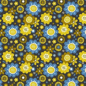 Full bloom, 70s, 60s, floral, blues