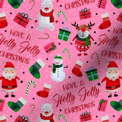 Medium Scale Have a Holly Jolly Christmas Santa Reindeer Polar Bear Snowman on Hot Pink