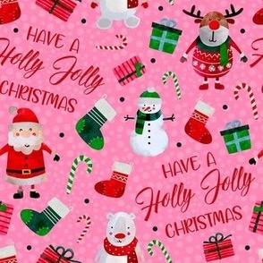 Medium Scale Have a Holly Jolly Christmas Santa Reindeer Polar Bear Snowman on Hot Pink