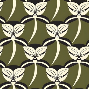 Art Deco Flowers in Ivory, Black, and Olive
