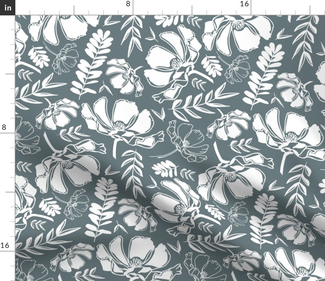 Big White Blooms on Slate #697A7E Blue Grey Gray Small