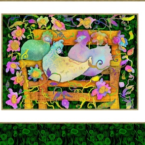 LARGE Framed Chicken & Flowers Wallhanging Green Pops LARGE