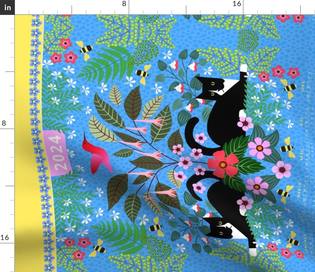 Katie the Tuxedo Cat and the hummingbird Calendar wall hanging and tea towel 2024