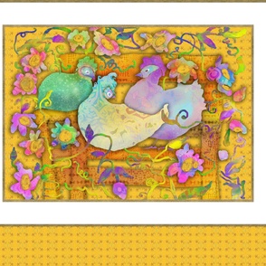 LARGE Framed Chicken & Flowers Wall Hanging Yellow 42x36