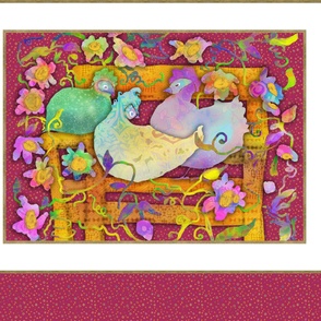 LARGE Framed Chicken & Flowers Wall Hanging Purple Dots 42x36
