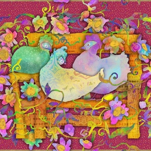 FQ Chicken & Flowers Wall Hanging Purple Dots 21x18