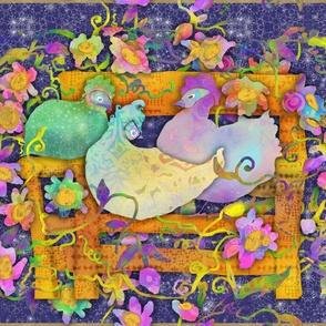 LARGE Chicken & Flowers Wall Hanging Blue Stars 42x36