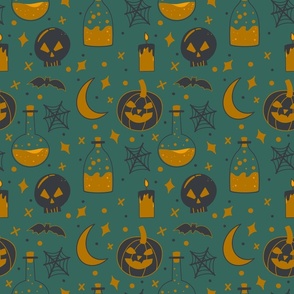 Spooky Halloween Potions Pattern In Teal