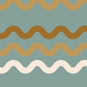 558 - Jumbo scale ocean beach waves in calming sage green and caramel tones, for home décor, beach-house-wallpaper,  energising style, retro cool, teenage den, teenage duvet cover  - Bolt of Cloth Cushion Cover August 2021 waves in teal and caramel