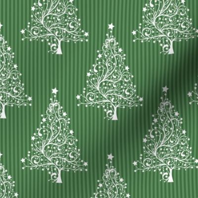 Filigree Christmas Trees in White on Green Painted Pinstripes