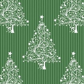 Filigree Christmas Trees in White on Green Painted Pinstripes