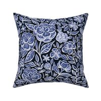 Blooming Chalkboard Floral in Monochrome Dark Blue and White