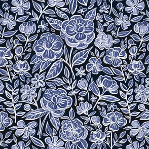 Blooming Chalkboard Floral in Monochrome Dark Blue and White