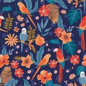 Dark warm tropical birds & floral - budgie, parrot, parakeet, monstera, orange, red, blue