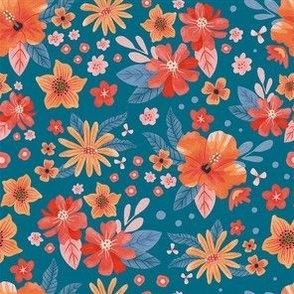 Warm tropical flowers - all-over bright colorful floral pattern