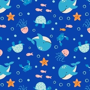 Cute baby ocean animals - whale, jellyfish, starfish, turtle - blue, aqua, pink & orange