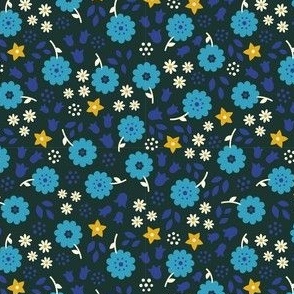 Dark ditsy floral - blue, yellow, aqua flowers - small scale flower