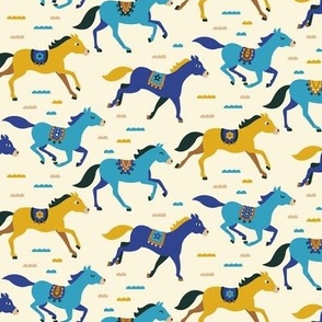 Running galloping horses - cute horse pattern in yellow, turquoise and blue