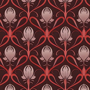 Mauve Tulips and Red Flourishes on Rosewood