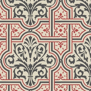 fancy Renaissance-style tiles, red and graphite on ivory, 12W