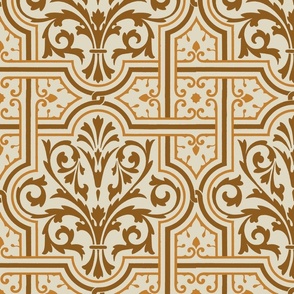 fancy Renaissance-style tiles, burnt caramel on ecru, 12W