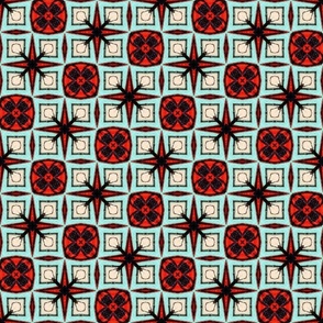 MID CENTURY BLOCK PRINT - TURQUOISE, RED AND BLACK