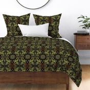 VINTAGE DRAGON DAMASK - AGED AND YELLOWED GREEN, RED, BLACK, LARGE SCALE