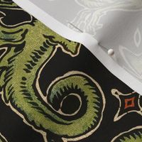 VINTAGE DRAGON DAMASK - AGED AND YELLOWED GREEN, RED, BLACK, LARGE SCALE