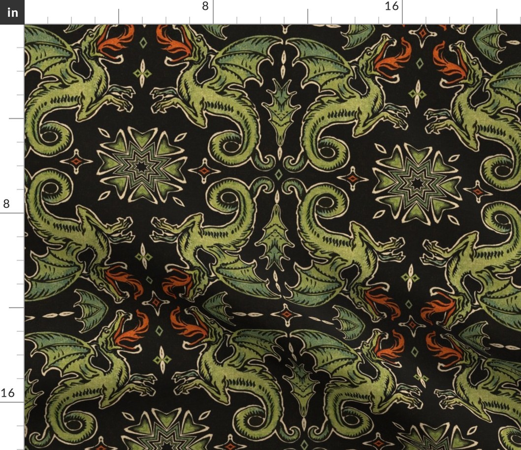 VINTAGE DRAGON DAMASK - AGED AND YELLOWED GREEN, RED, BLACK, LARGE SCALE