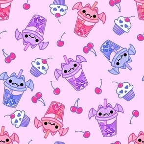 Pastel Goth Boba Bat Bubble Tea Cherries Skull Cupcake Kawaii Pink