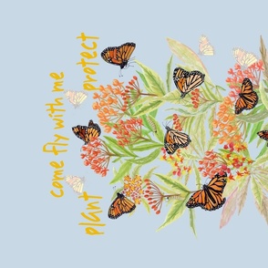 Inspirational Monarch-butterflies-tea-towel-come-fly-with-me-green-orange-black-white-on-light-blue-sfrotate