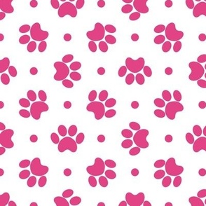Polka Dot Paw Prints - Hot Pink On White