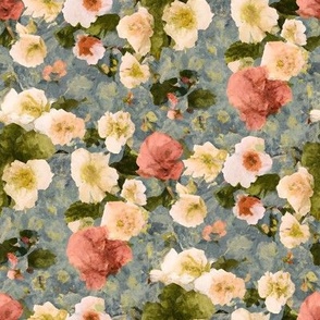 Victorian Oil-Painted Flower Garden in Pink, Peach, and Blue