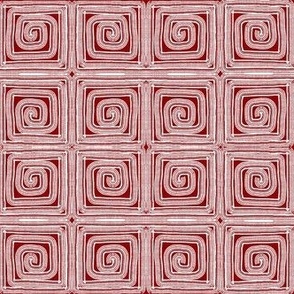 Small Spiral Squares - Mist White on Deep Red