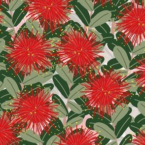 022 - Large scale -Christmas Pohutukawa flower all over in red and green, for home decor, floral curtains, all over duvet cover, pillows and table accessories.